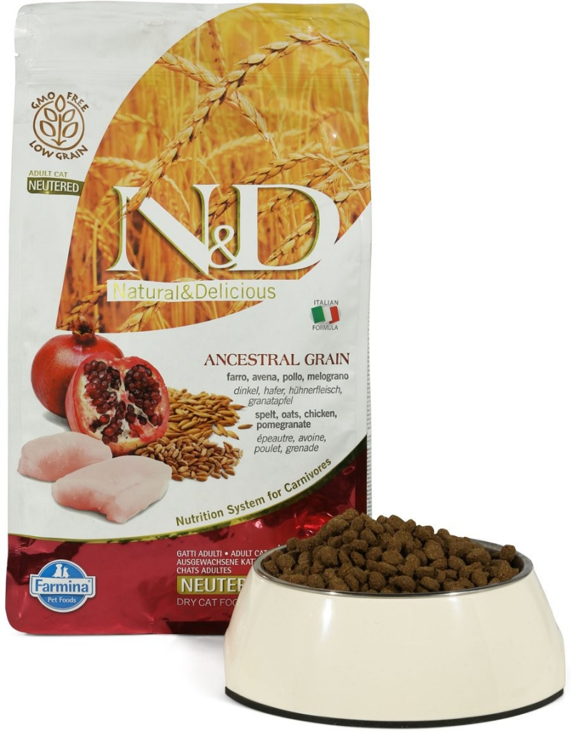 N&D Adult s nízkým obsahem obilovin kuřecí maso a granátové jablko pro vykastrované kočky 1,5 kg