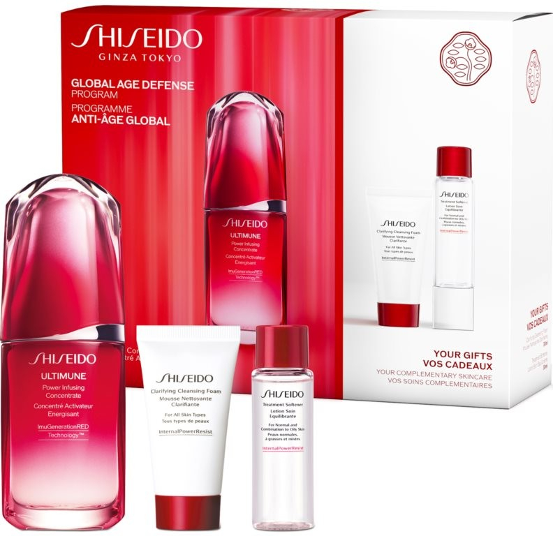 Shiseido Ultimune energizující a ochranný koncentrát na obličej 50 ml + aktivní čisticí pěna 15 ml + čisticí pleťová voda 30 ml + krém na ruce 40 ml dárková sada