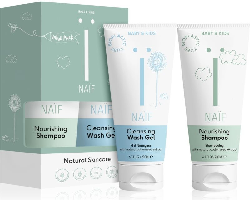 Naif Baby & Kids čisticí a mycí gel pro děti a miminka 200 ml + výživný šampon pro dětskou pokožku hlavy 200 ml dárková sada