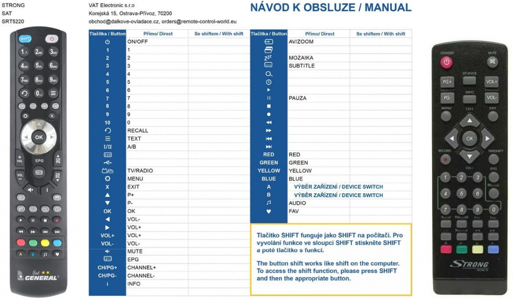 Dálkový ovladač General Strong SRT5200, SRT5202, SRT5203, SRT5302, SRT5303, SRT8112, SRT8114, SRT8115