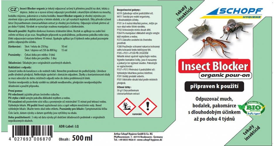 BIO roztok k odpuzování much SCHOPF INSECT BLOCKER ORGANIC POUR-ON, 500ml