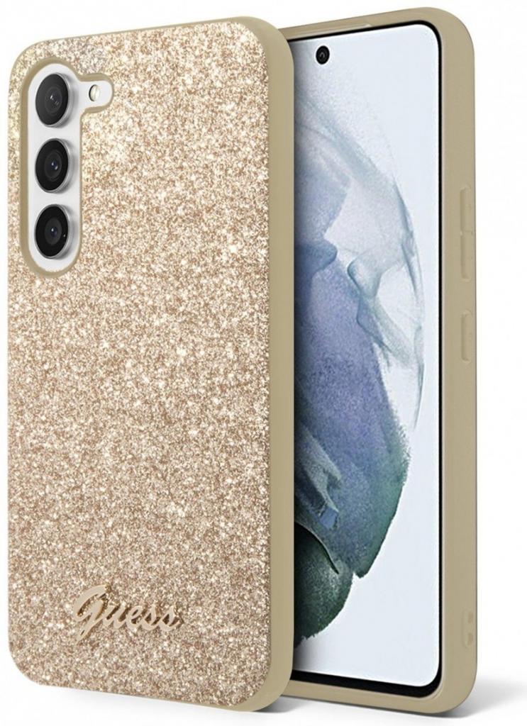 Pouzdro Guess PC/TPU Glitter Flakes Metal Logo Samsung Galaxy S23+ Gold
