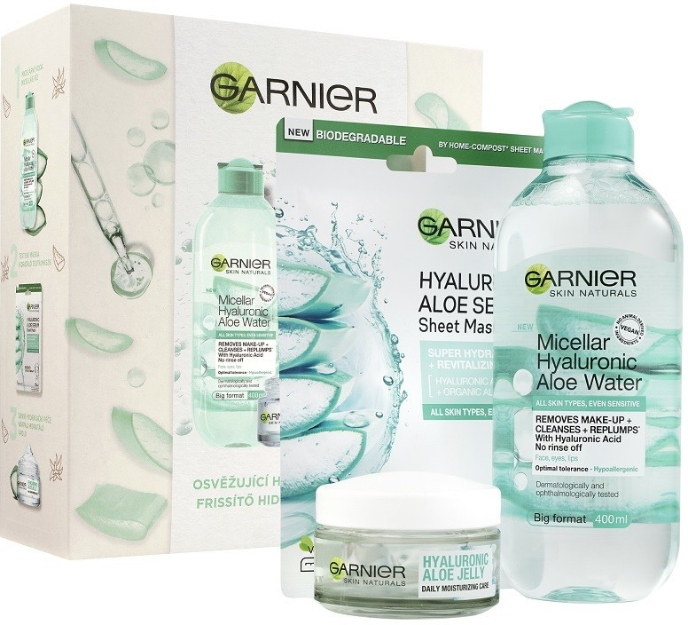 Garnier Skin Naturals Hyaluronic denní krém Aloe Gel 50 ml + micelární voda Hyaluronic Aloe 400 ml + textilní maska 32 g dárková sada