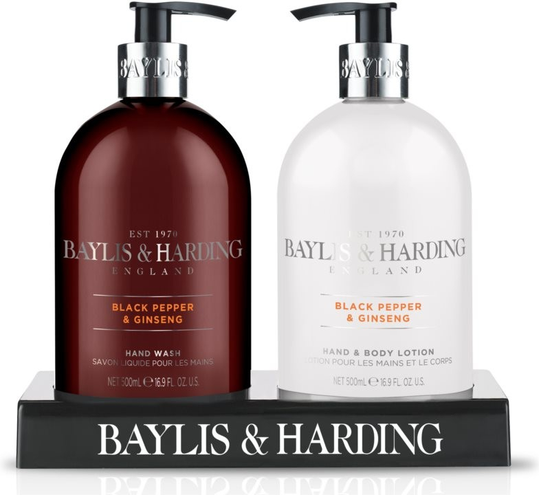 Baylis & Harding Black Pepper & Ginseng tekuté mýdlo na ruce 500 ml + mléko na ruce a tělo 500 ml dárková sada