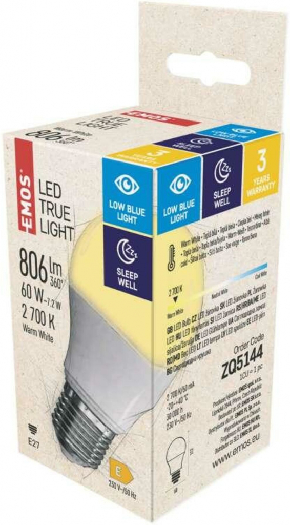 Emos LED žárovka True Light 7,2W E27 teplá bílá