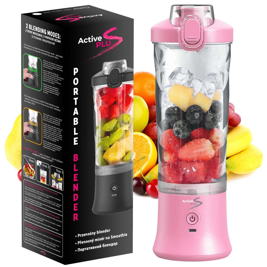 ActivePlus přenosný bezdrátový na smoothie nabíjecí 600ml Růžový