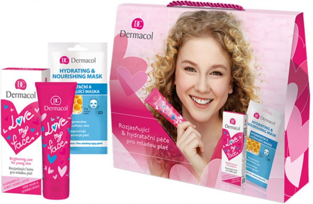 Dermacol Love My Face Brightening Care pro ženy denní pleťová péče 50 ml + pleťová maska Hydrating & Nourishing 15 ml dárková sada