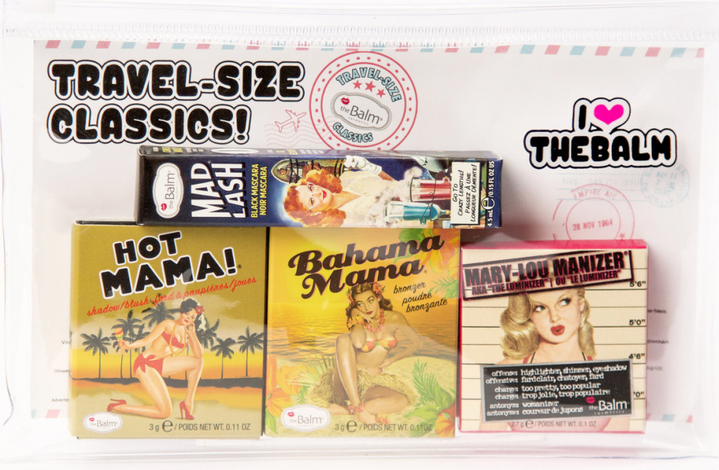 TheBalm Mary-Lou Manizer Travel Kit rozjasňovač 2,7 g + bronzer Bahama Mama 3 g + tvářenka Hot Mama! 3 g + řasenka Mad Lash 4,5 ml Black + kosmetická taštička dárková sada