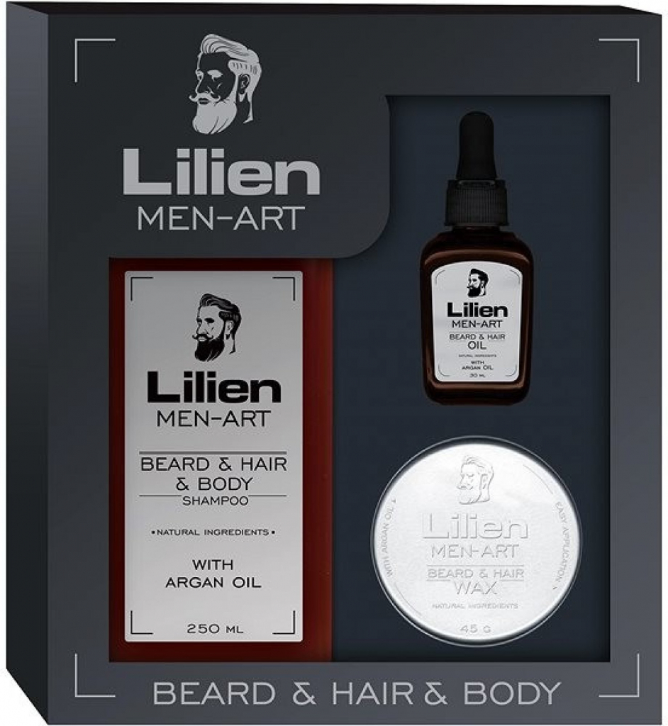 Lilien Men-Art Beard & Hair & Body White univerzální šampon 250 ml + vyživující olej 50 ml + stylingový vosk na vlasy a vousy 45 g dárková sada
