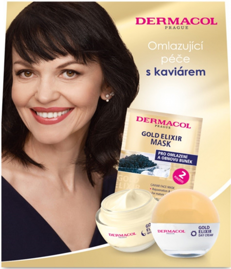 Dermacol Gold Elixir Omlazující kaviárový denní krém SPF10 50 ml + Omlazující kaviárový noční krém 50 ml + Omlazující maska s kaviárem 2 x 8 g dárková sada