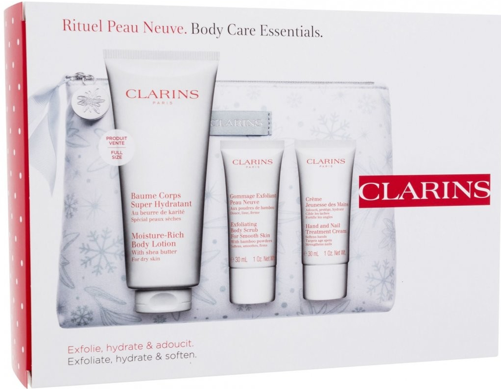 Clarins Body Care Essentials tělové mléko Moisture-Rich Body Lotion 200 ml + tělový peeling 30 ml + krém na ruce Hand and Nail Treatment Cream 30 ml + kosmetická taštička dárková s