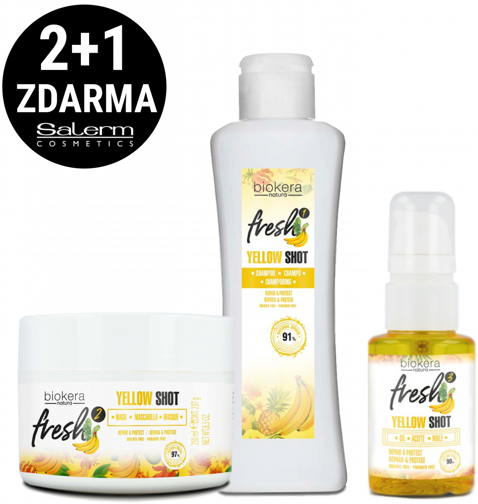 Salerm Biokera Yellow Shot pro poškozené vlasy šampón 300 ml + maska 250 ml + olej 75 ml dárková sada