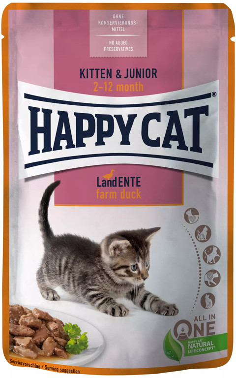 Happy Cat Pouches Meat in Sauce Kitten & Junior Land Ente 85 g
