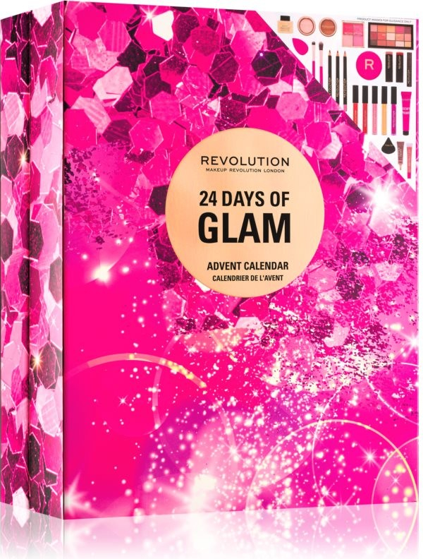 Revolution Makeup Advent Calendar konturovací tužka na rty 2x1 g + matná rtěnka 2x3,2 g + matná tekutá rtěnka 2x2,5 ml + lesk na rty 8 ml + olej na rty 2,5 ml + paletka očních stínů