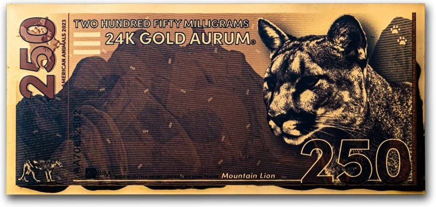 UNITED STATES MINT Zlatý slitek Gold Aurum Note (2023 Mountain Lion, 24K) Lev 250 mg