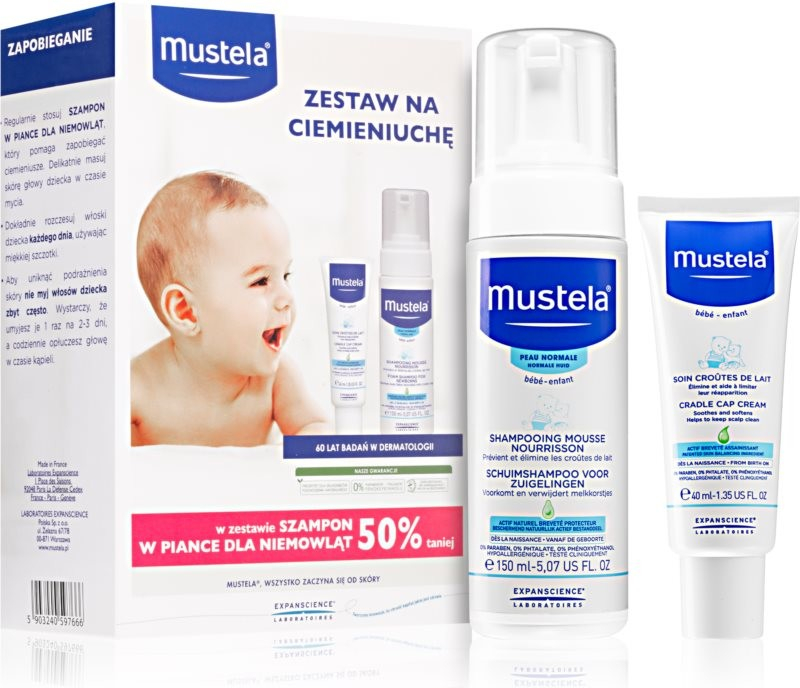 Mustela Bébé pěnový šampon pro děti od narození 150 ml + krém na šupiny ve vlasech 40 ml dárková sada