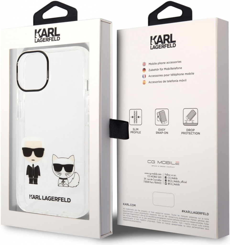 Pouzdro Karl Lagerfeld PC/TPU Ikonik Karl and Choupette iPhone 14 Plus čiré