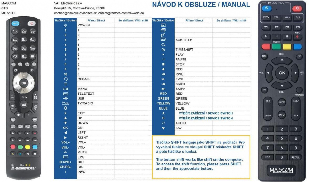 Dálkový ovladač General MASCOM MC720T2 HD, MC721T2, MC820T2