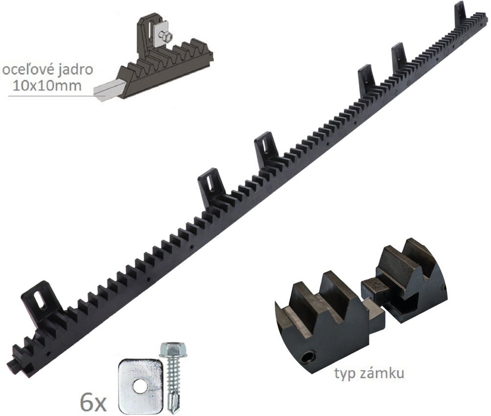 Hřeben nylon-kov 28 x 20 mm, 6x úchyt + šrouby, 1016 mm, do 700 kg