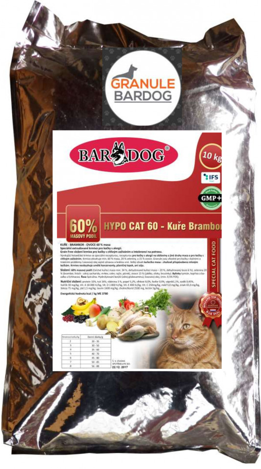 Bardog Hypoalergenní Hypo Cat 60 Kuře Brambor 32/18 10 kg