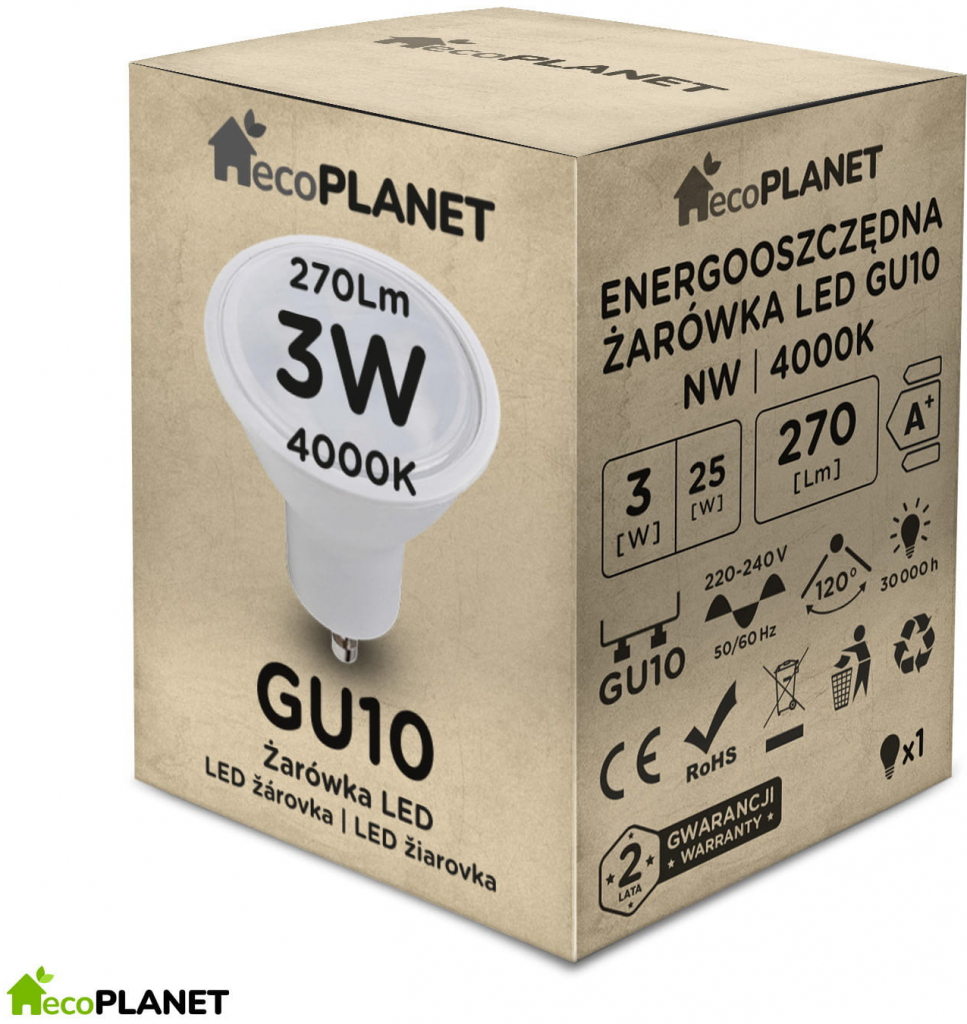 ecoPLANET LED žárovka GU10 3W teplá bílá
