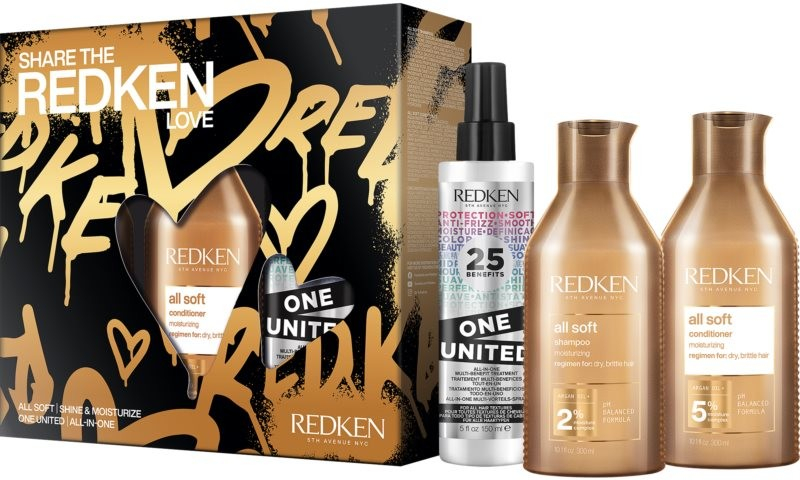 Redken All Soft vyživující šampon pro suché a křehké vlasy 300 ml + vyživující kondicionér pro suché + křehké vlasy 300 ml + multifunkční péče na vlasy 150 ml + kosmetická taška dárková