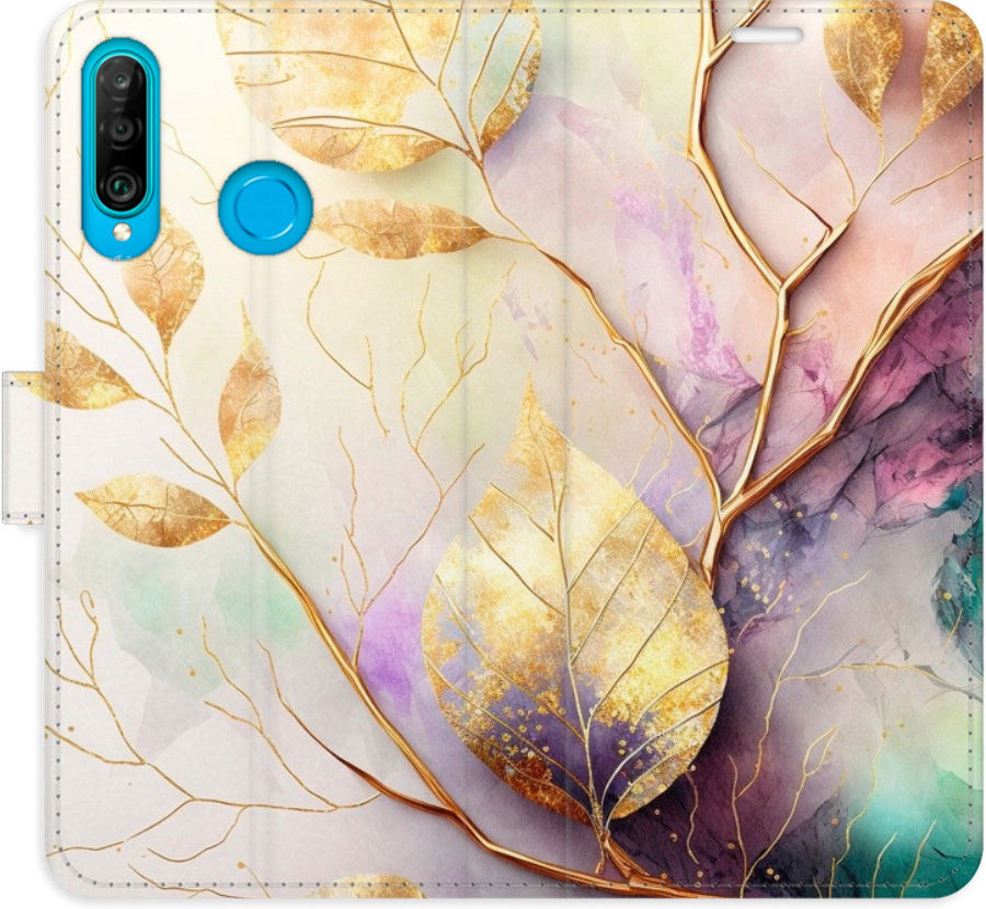 Pouzdro iSaprio Flip s kapsičkami na karty - Gold Leaves 02 Huawei P30 Lite