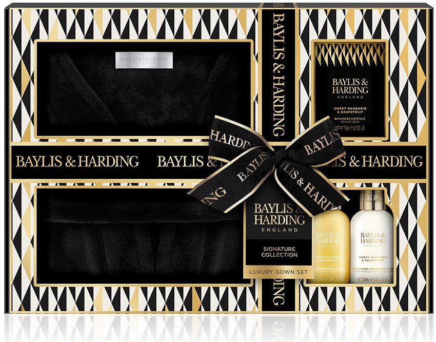 Baylis & Harding Mandarinka & grep mycí gel 100 ml + mléko na ruce a tělo 100 ml + koupelová sůl 75 g + luxusně měkký dámský župan 1 kus dárková sada