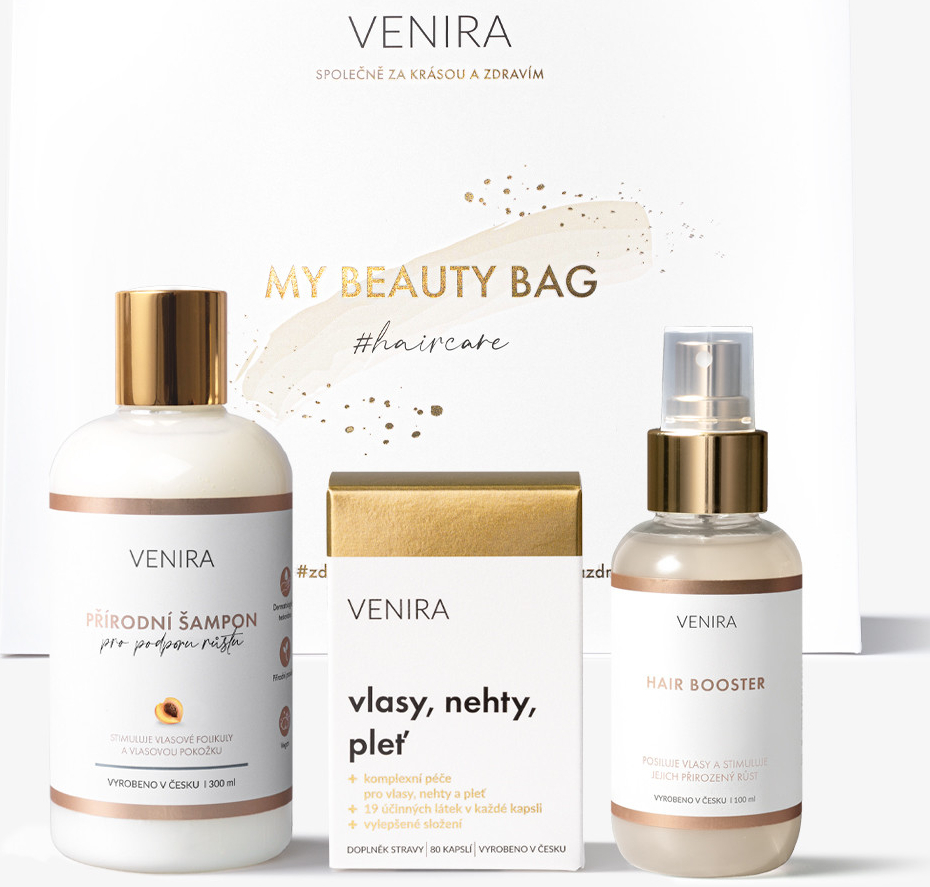 VENIRA beauty bag kapsle pro vlasy (80 kapslí), šampon pro podporu růstu vlasů (300 ml), vlasové sérum hair booster (100 ml)