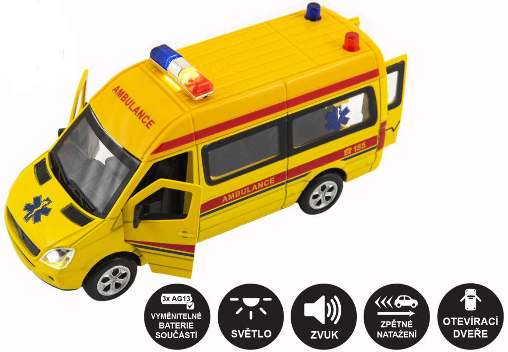 Teddies Auto ambulance kov/plast 15cm na baterie se světlem se zvukem na zpětné natažení 6ks v boxu