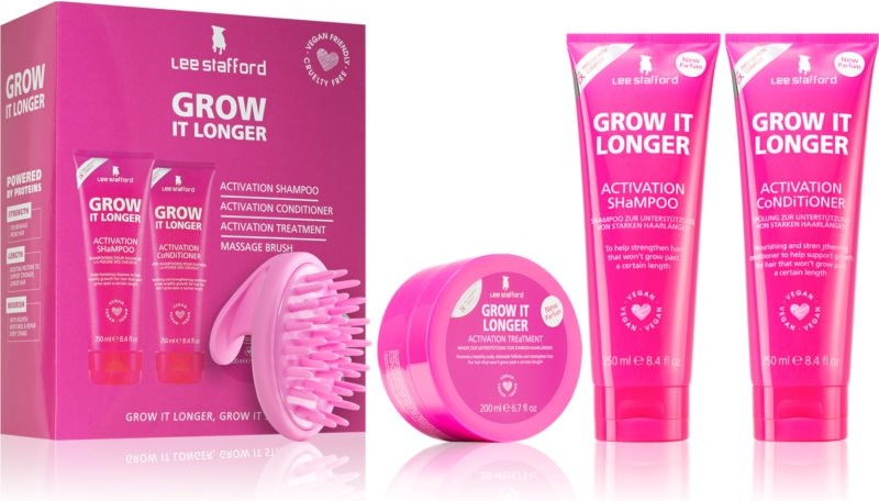 Lee Stafford Grow It Longer šampon pro dlouhé vlasy 250 ml hydratační a vyživující kondicionér pro dlouhé vlasy 250 ml intenzivní maska pro dlouhé vlasy 200 ml + Massage Brush masážní