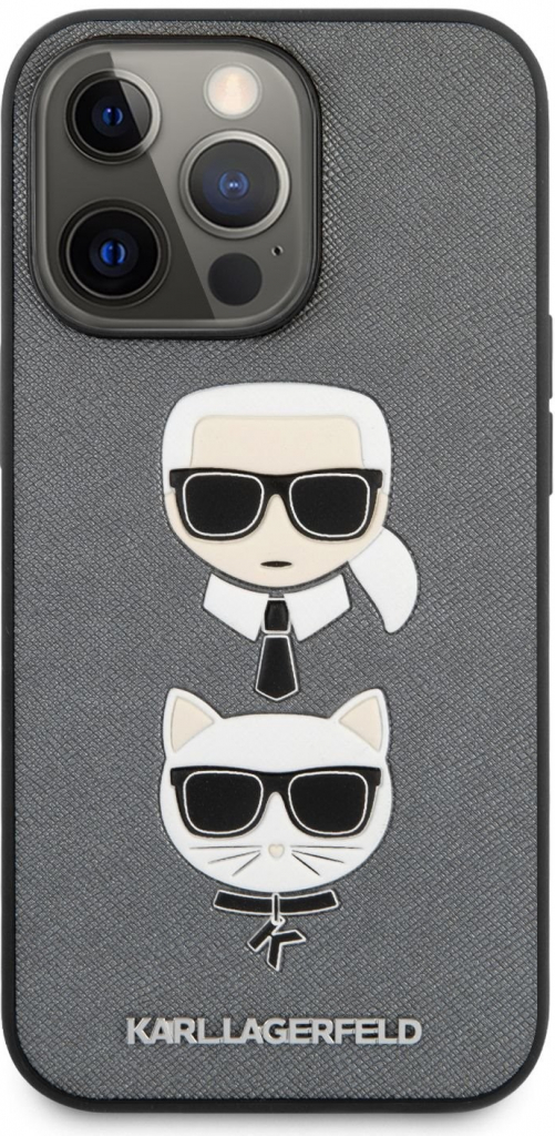 Pouzdro Karl Lagerfeld PU Saffiano Karl and Choupette Heads iPhone 13 Pro stříbrné