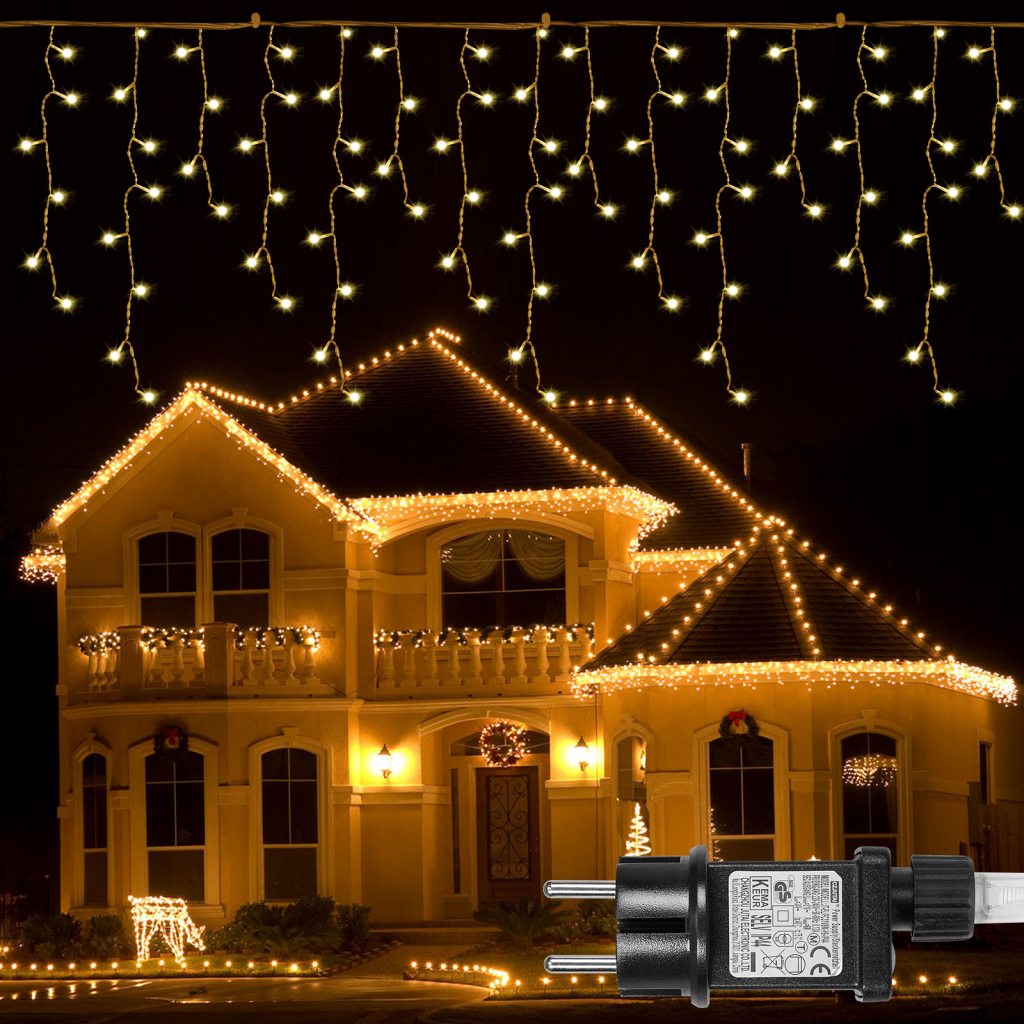 ROSNEK 15m 600 LED ledový déšť světelný řetěz 8 světelných režimů 31V světelná opona s časovačem pro vnitřní venkovní vánoční párty svatebníImitaceace