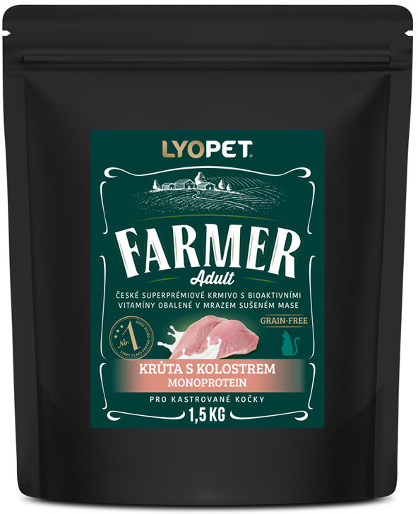 Lyopet Kvalitní bezobilné Krůtí s kolostrem MONOPROTEINOVÉ PRO KASTROVANÉ KOČKY 1,5 kg