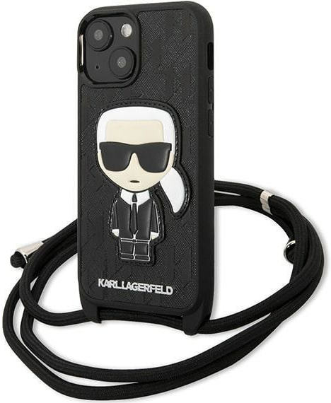 Pouzdro Karl Lagerfeld iPhone 13 mini / černé Leather Monogram Patch and Cord Iconik černé