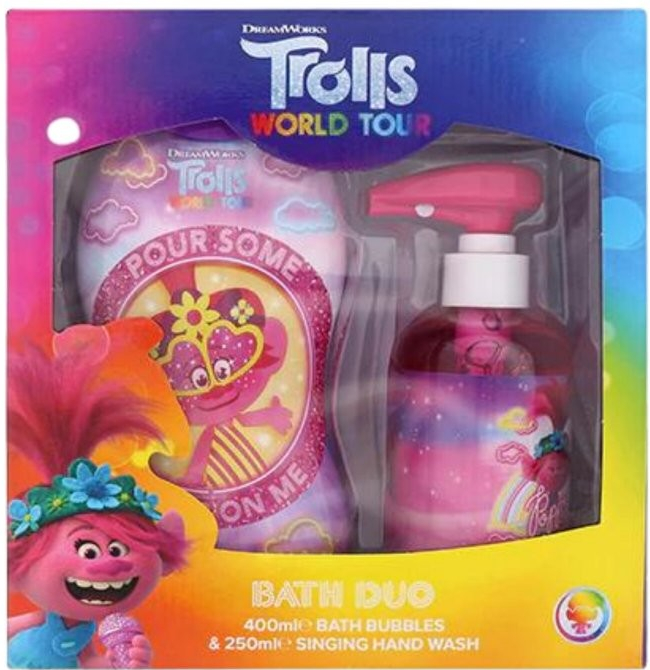 DreamWorks Trolls World Tour Bath pěna do koupele Pour Some Glitter On Me 400 ml + mýdlo na ruce Singing Poppy 250 ml dárková sada