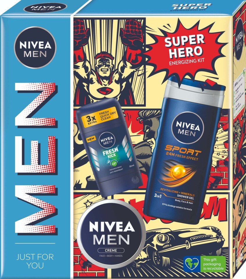 Nivea Men Super Hero sada sprchový gel Men Sport 250 ml + tuhý antiperspirant Men Fresh Kick 50 ml + univerzální krém Men Creme 75 ml pro muže