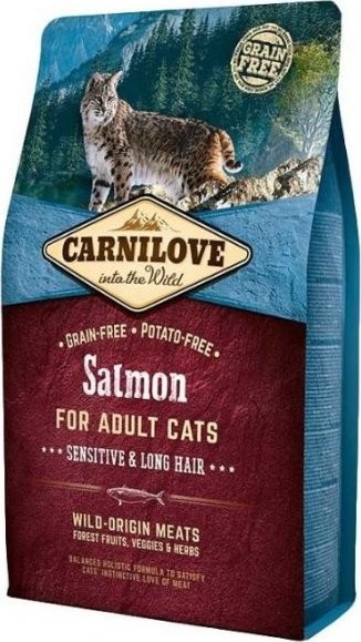 Carnilove CAT bez obilovin pro dlouhosrsté kočky s citlivým zažíváním s lososem 2 kg