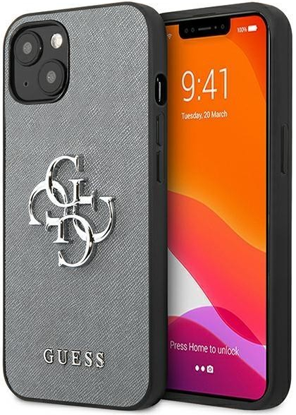 Pouzdro Guess iPhone 13 mini Saffiano 4G Metal Logo šedé