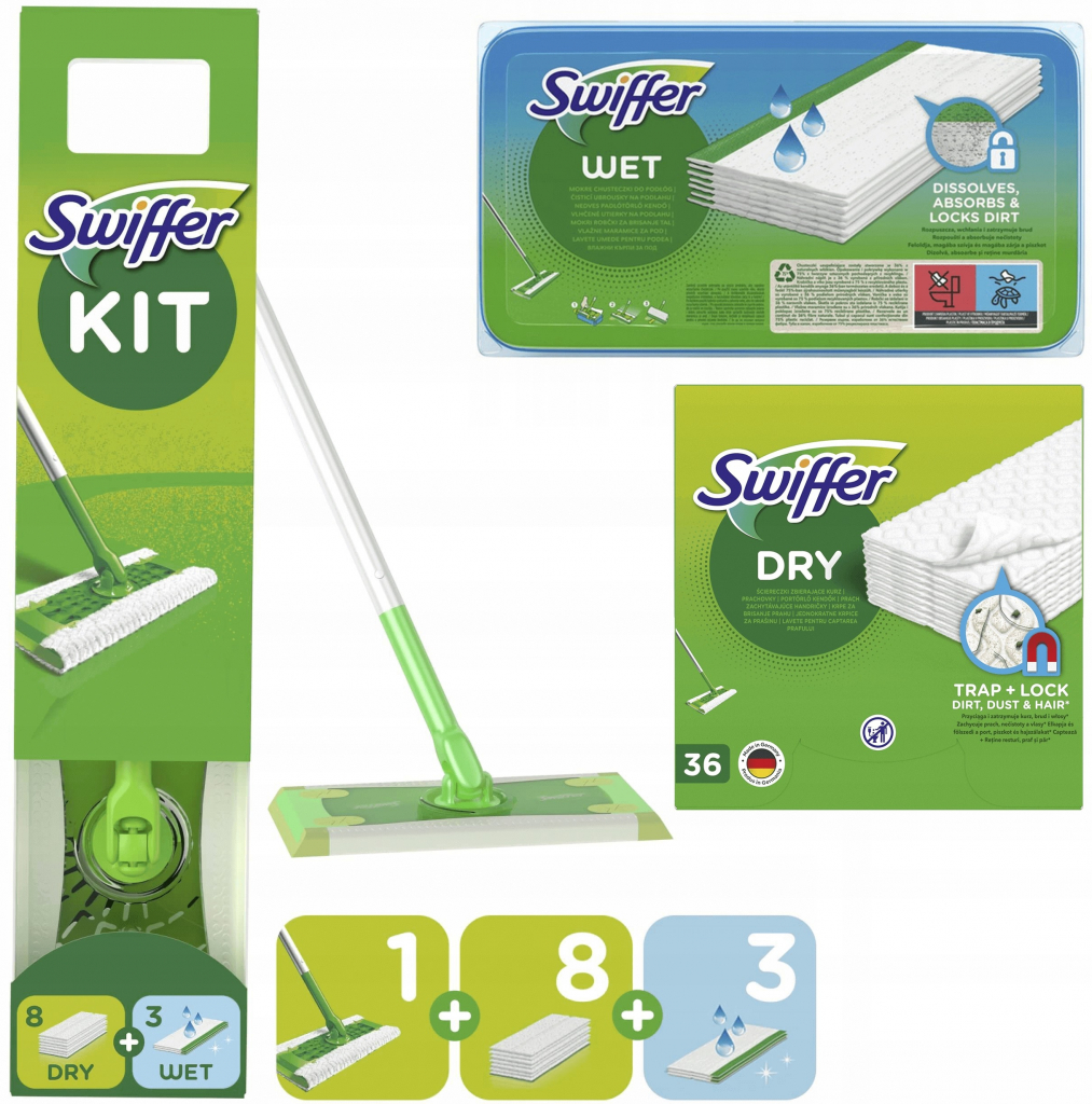Swiffer Sweeper startovací sada mop s 1 násadou 8 prachovkami a 3 čisticími ubrousky