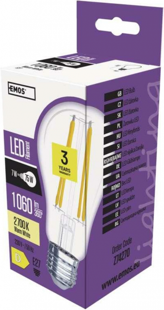 Emos LED žárovka Filament A60 A++ 8W E27 Teplá bílá