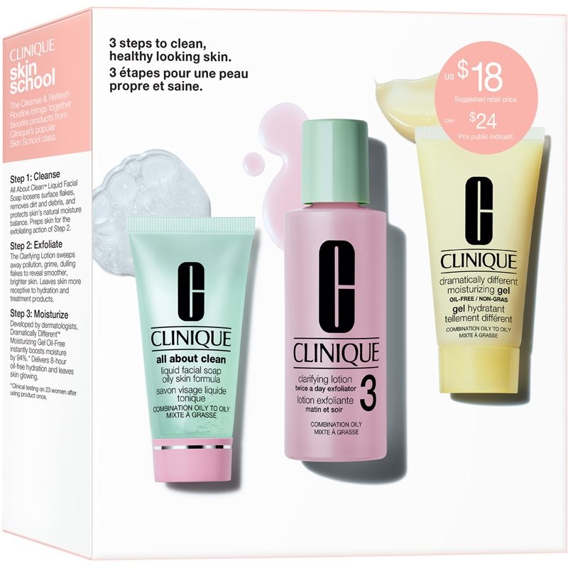 Clinique 3-Step Skin Care Kit Liquid Facial Soap tekuté mýdlo pro mastnou a smíšenou pleť 30 ml + Clarifying Lotion 3 Twice A Day Exfoliator tonikum 60 ml + Dramatically Different™