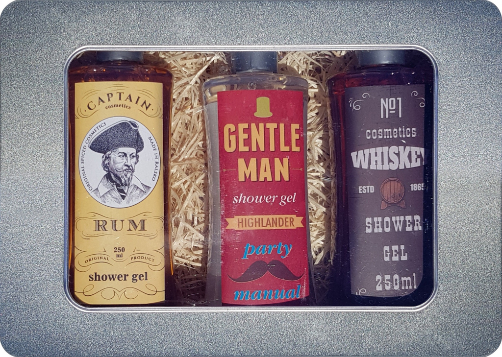 Bohemia Gifts Gentleman sprchový gel 250 ml + Whiskey sprchový gel 250 ml + Rum sprchový gel 250 ml plechový box dárková sada