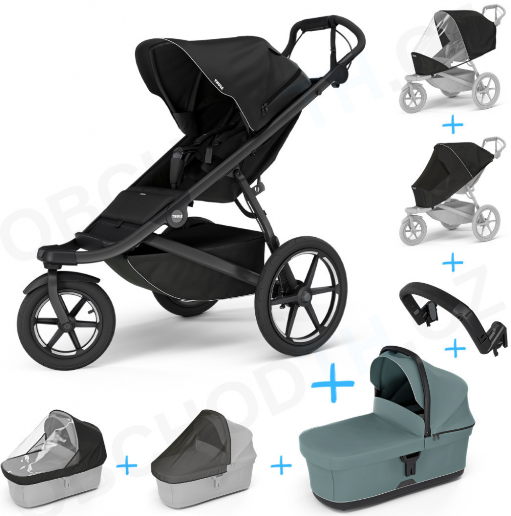 Thule Set 7v1 Urban Glide 3 Black 2024 + pláštěnka + ochranná síť + madlo + korba Mid blue + pláštěnka + ochranná síť na korbu