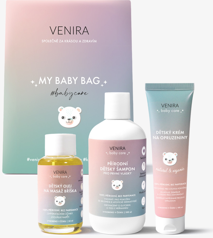 Venira Beauty Bag dětský šampon pro první vlásky 300 ml + dětský krém na opruzeniny 100 ml + dětský olej na masáž bříška 50 ml