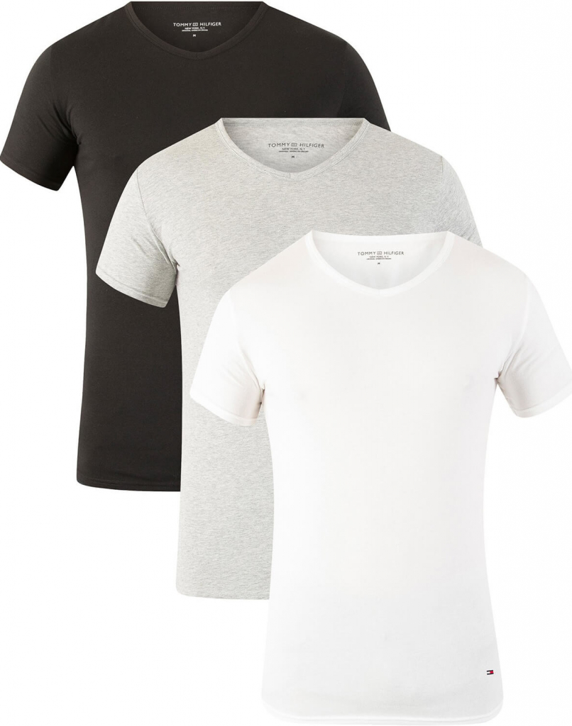 Tommy Hilfiger Sada pánských trik Premium Essentials Vn Tee Ss 3 Pack 2S87903767 004 Black/Grey Heather White