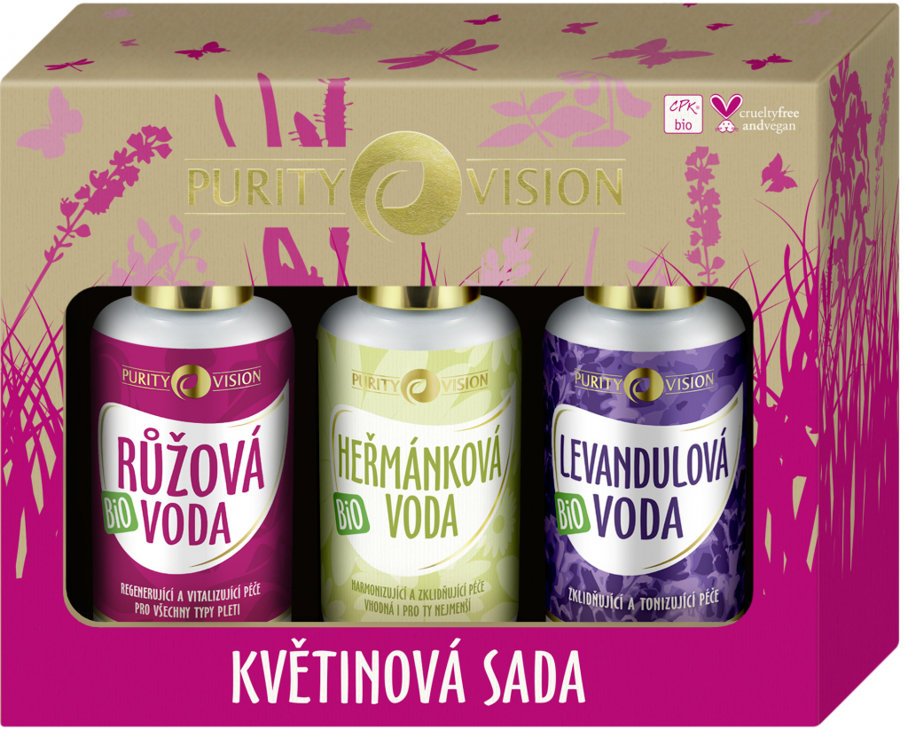 Purity Vision Květinová růžová voda s regeneračním účinkem 100 ml + jemná čisticí voda s heřmánkem 100 ml + zklidňující levandulová voda 100 ml dárková sada