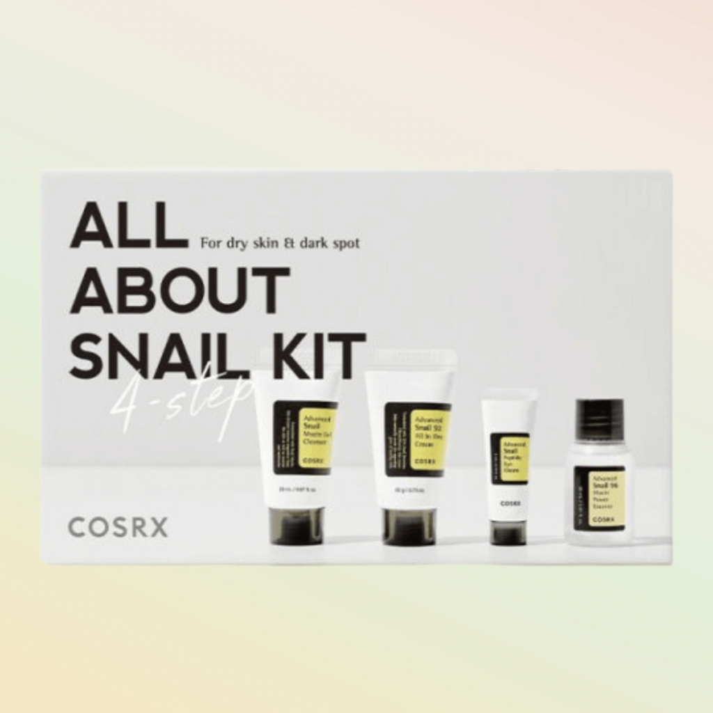 Cosrx All About Snail Kit 4-Step pečující sada se šnečím slizemjemný mycí gel 20 ml + hydratační esence 30 ml + oční krém 5 ml + multifunkční krém 20 g dárková sada