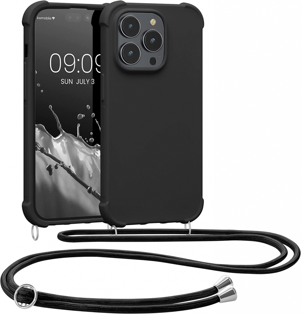 Pouzdro kwmobile Pevné silikonové Crossbody Apple iPhone 14 Pro černé s popruhem přes rameno nebo na krk