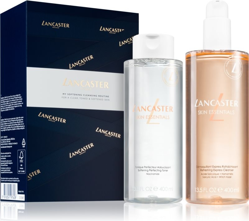 Lancaster Skin Essentials Refreshing Express Cleanser čisticí pleťová voda na obličej a oči 400 ml + Skin Essentials Softening Perfecting Toner zjemňující tonikum bez alkoholu 400 ml